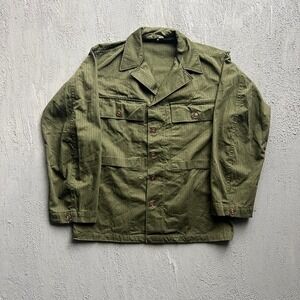 Vintage US Army HBT Shirt 36R Green 1940s WWII Herringbone DEADSTOCK